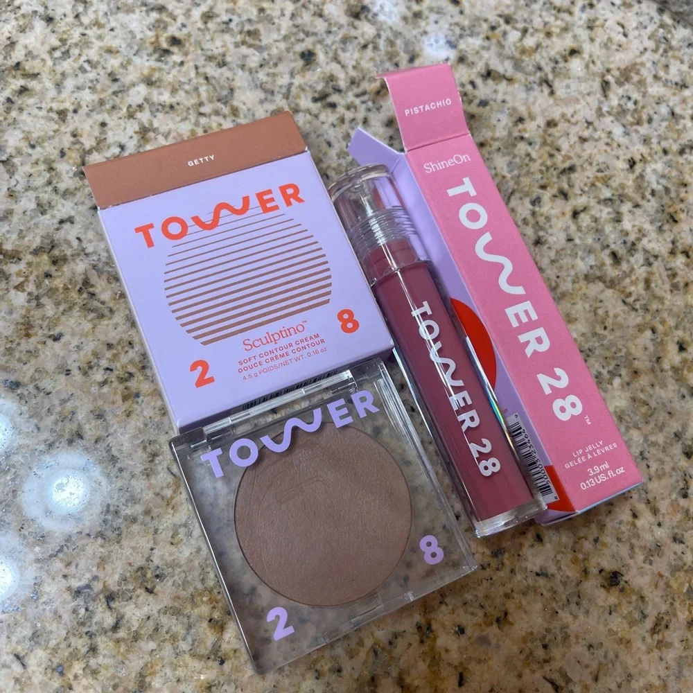 Tower 28 Sculptino Cream Contour Bronzer and ShineOn Lip Jelly Gloss Bundle Lot